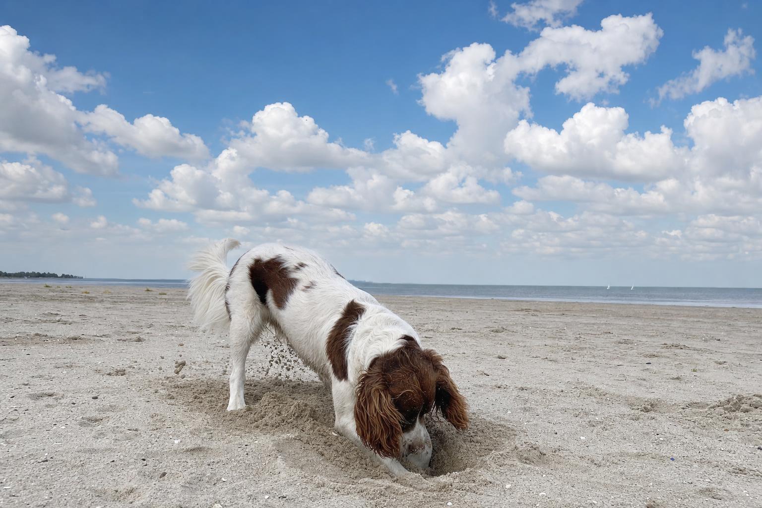 Hond graaft in het witte zand onder een Zeeuwse wolkenlucht