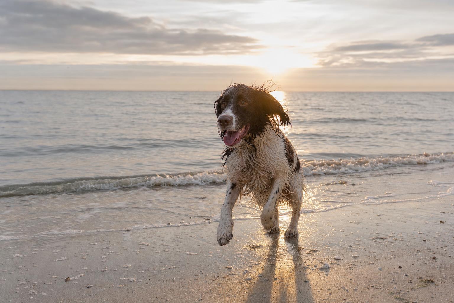 Natte hond speelt in de branding in het avondlicht