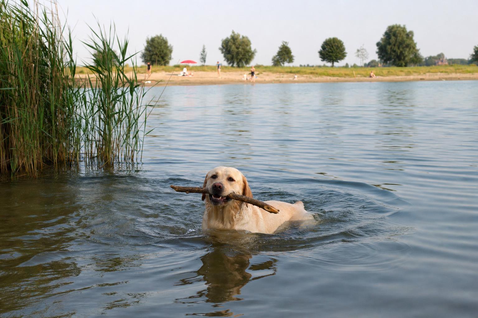 Labrador zwemt in rustig zoet water bij een meerstrand